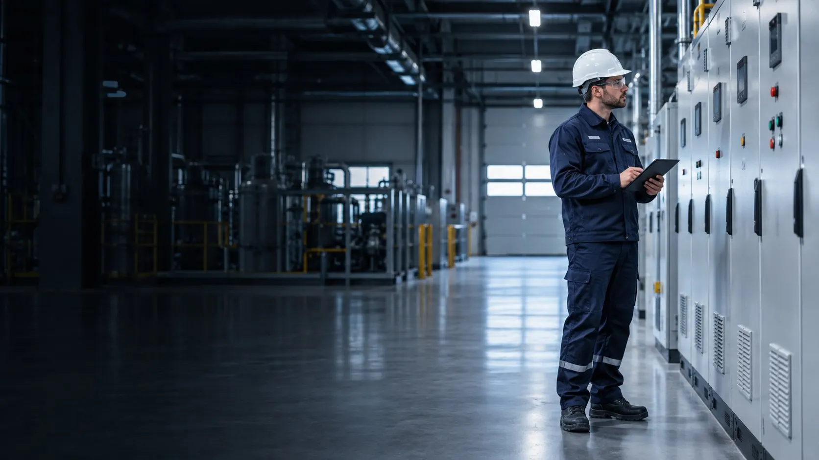 Imagem ilustrativa de profissional inspecionando painéis industriais