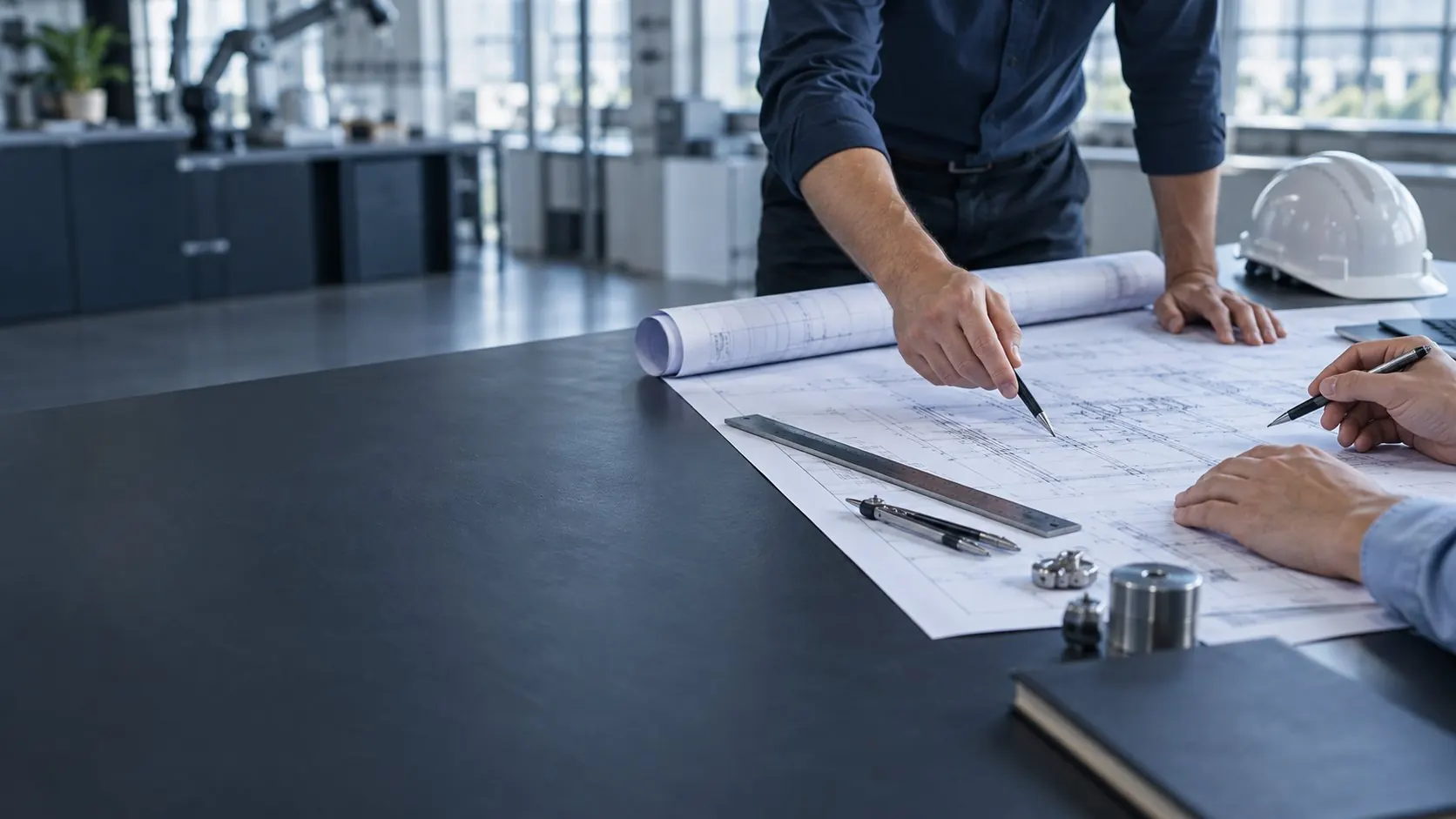 Imagem ilustrativa de análise de projetos em uma mesa de engenharia