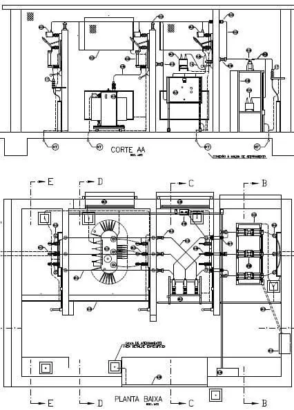 Desenho técnico com planta e corte de uma subestação elétrica.