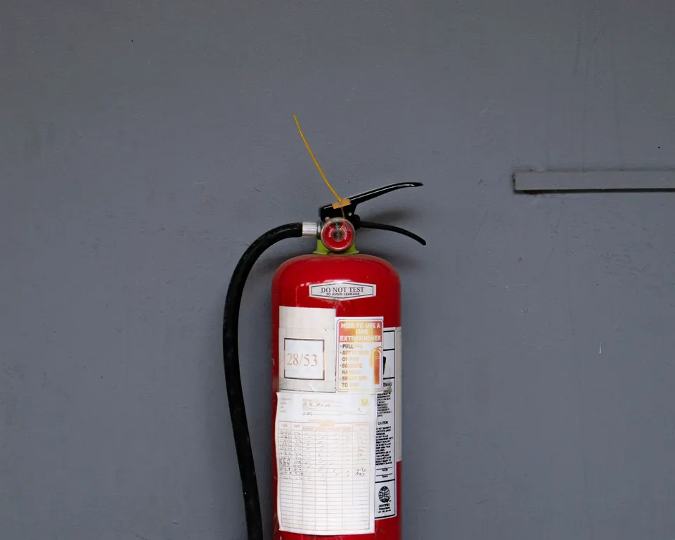 Extintor de incêndio instalado junto a uma parede.